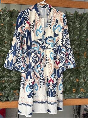 Printed Midi Dress in Navy & Cream - Lightweight Tiered Dress (no brand)